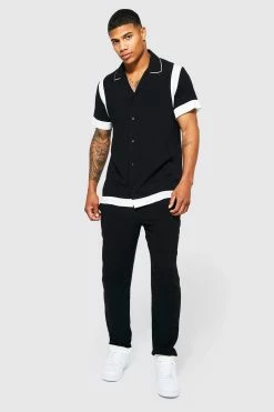 Viscose Colourblock Shirt And Trouser Set Black