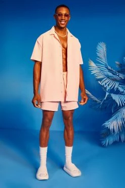 Oversized Crinkle Shirt And Short Light Pink