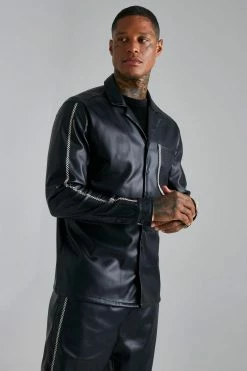 Contrast Stitch Detail PU Ovrershirt And Relaxed Trousers Set Black -Boohoo man shop unnamed file 74