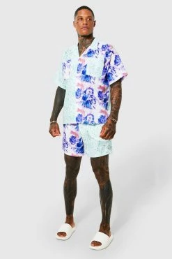 Boxy Slub Spliced Floral Shirt And Swims Green