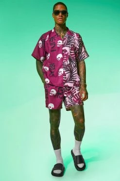 Boxy Fit Slub Spliced Skull Shirt And Swims Dark Pink