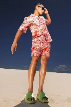 Drop Revere Slub Palm Shirt And Shorts Pale Pink