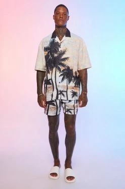 Boxy Oversized Slub Palm Shirt And Shorts Set Black