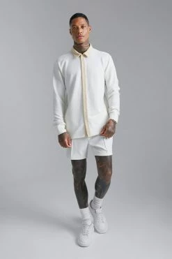 Long Sleeve Jersey Textured Shirt And Short Ecru