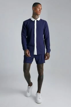 Long Sleeve Jersey Textured Shirt And Short Navy